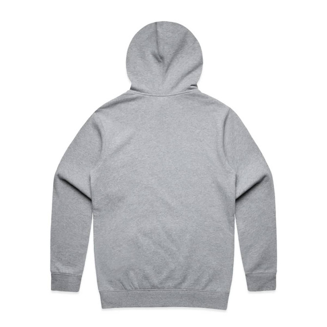 A grey hoodie with a back view, featuring long sleeves and a hood. It has a branding logo.