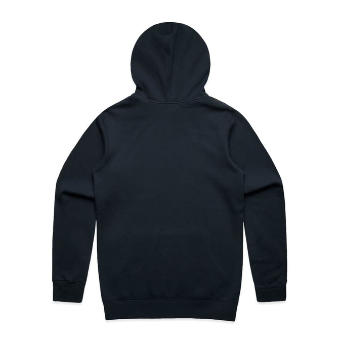A black hoodie with a plain back design and a hood. It features a logo at the base of the neck.