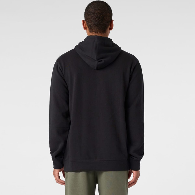 A black hoodie with a back view, featuring a drawstring hood and long sleeves. The product has a small logo.