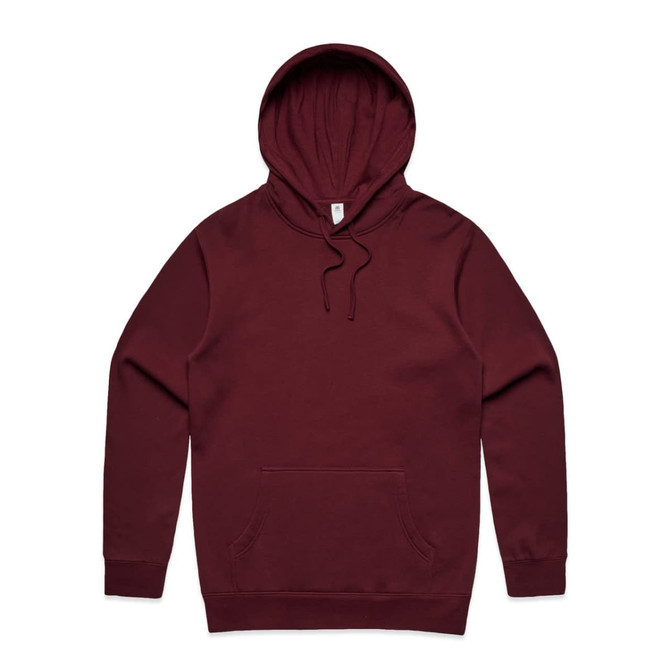 A maroon hoodie featuring a front pocket and a drawstring hood. It includes a logo on the tag.