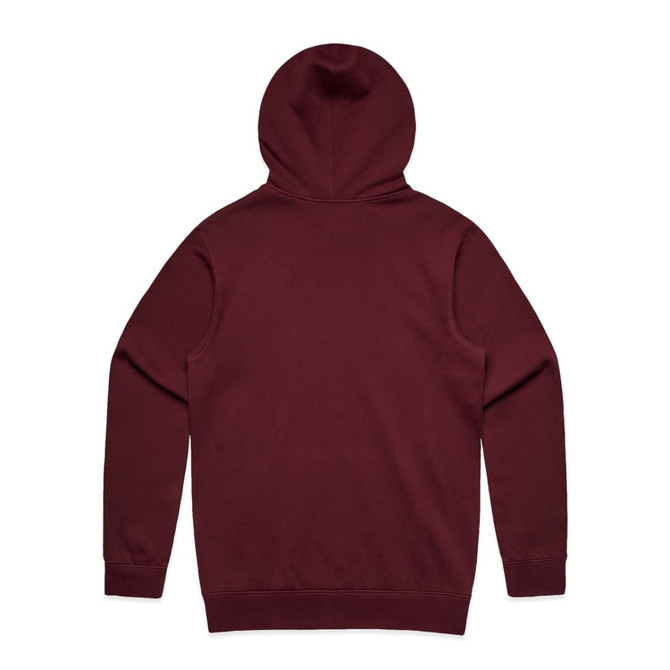 A maroon hooded jumper featuring a simple design and a logo on the back.