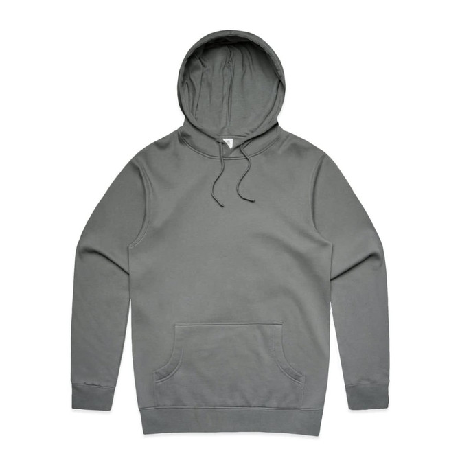 A grey hoodie featuring a front pocket and a drawstring hood. It has a logo on the label.