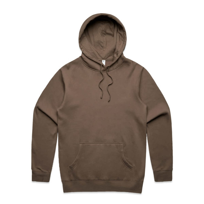 A brown hoodie featuring a front pocket and a drawstring hood, with a small logo on the label.