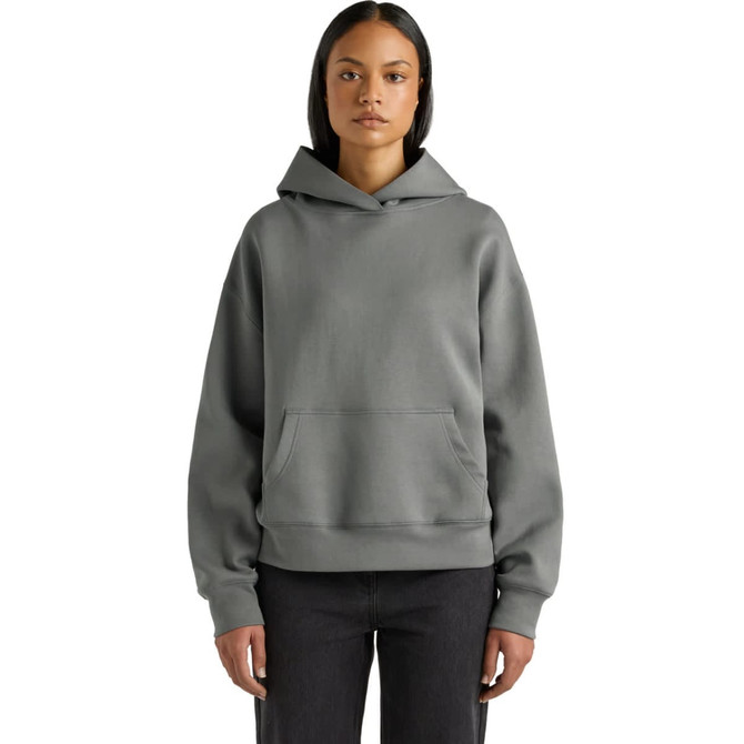 A grey active hooded sweatshirt with a front pocket and a relaxed fit, displayed on a model.