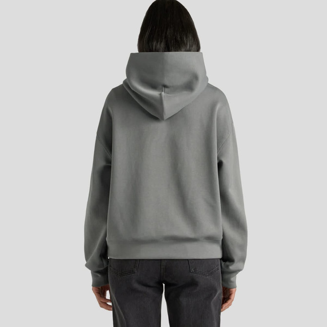 A grey hooded sweatshirt with a relaxed fit, featuring a drawstring hood and long sleeves.