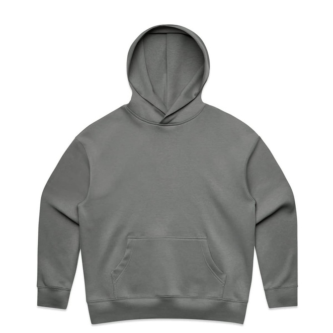 A grey hoodie with a front pocket and an adjustable drawstring hood. It features a branded logo.