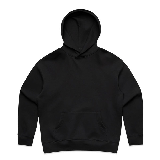 A black hoodie featuring a front pouch pocket and a drawstring hood. It includes a logo or branding.