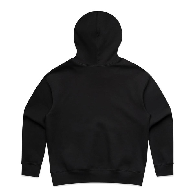 A black hoodie with a kangaroo pocket and a hood, featuring a plain back and a branding logo.