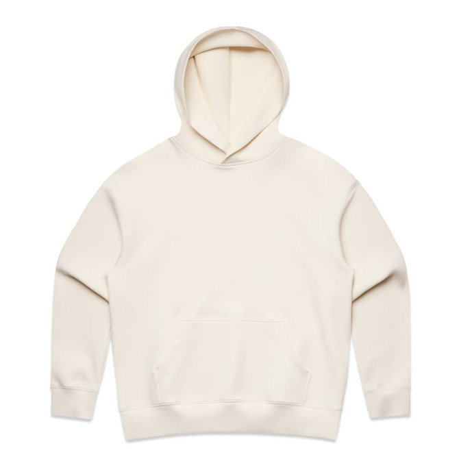 A cream-coloured hoodie featuring a front pocket and a hood. It has a branding logo on the material.