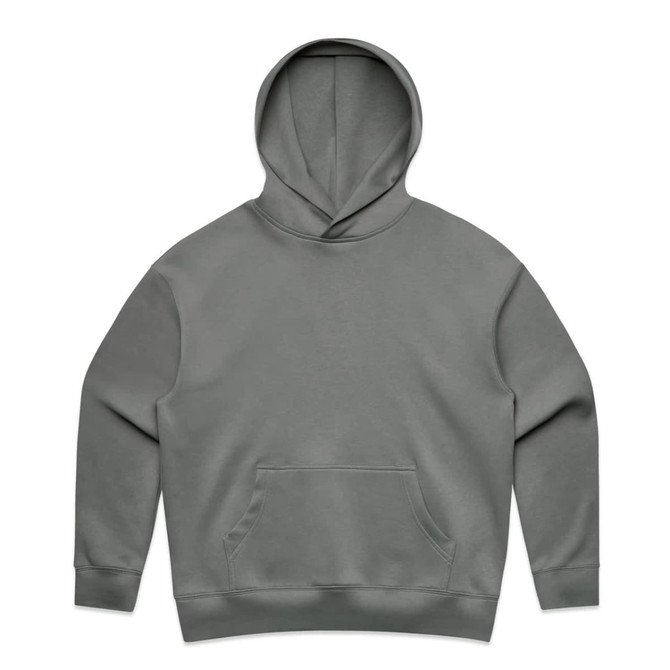 A grey hooded sweatshirt featuring a front pocket and a logo on the chest.