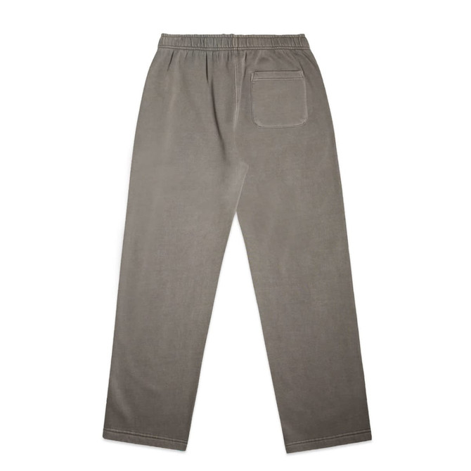 Cuffless track pants in a faded earthy tone, featuring an elastic waistband and a back pocket.
