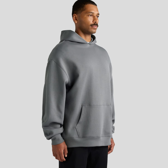 A grey hooded sweatshirt with a front pocket and a logo on the chest, displayed on a male model.