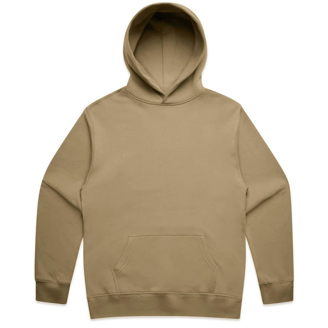 A beige hoodie featuring a front pocket and a large hood. It has a simple design and includes a logo.