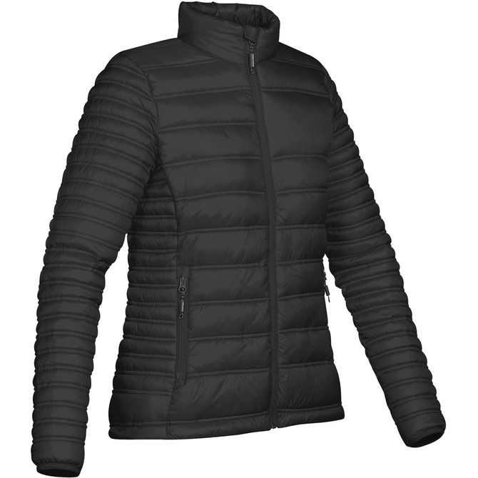 A women's black puffer jacket with a zip front and side pockets, featuring a logo on the sleeve.
