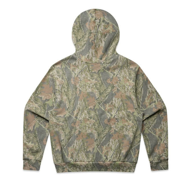 A hooded sweatshirt in a faded camo pattern featuring greens and browns. The back view displays the design without branding.