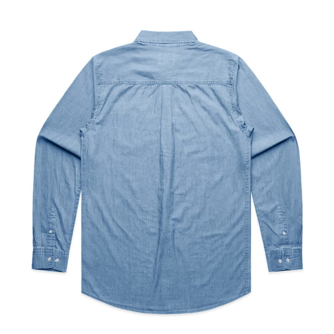 A blue denim shirt with long sleeves and a button-down collar, featuring a back yoke detail.