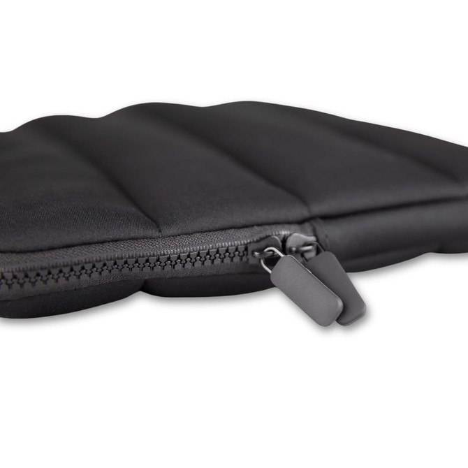A black neoprene laptop sleeve with a padded texture and dual zip closure. It features a logo on the surface.