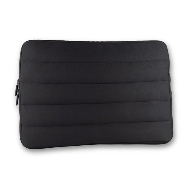 A black, padded neoprene laptop sleeve with a zipper closure and quilted design, suitable for a 16-inch laptop.