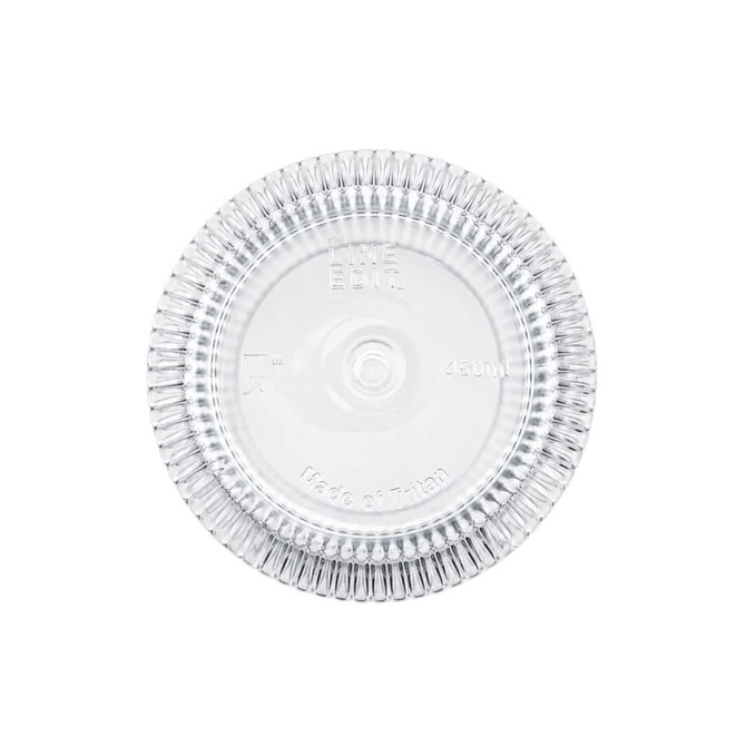 A clear, round tumbler with a textured rim, featuring a logo and a capacity of 450ml.