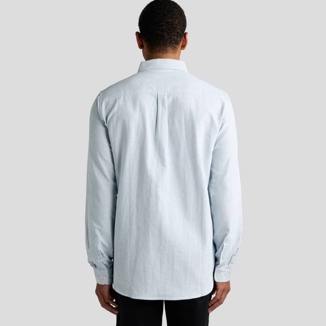 A button-up shirt in light blue with a stripe pattern, featuring a collar and long sleeves. It has a logo on the back.
