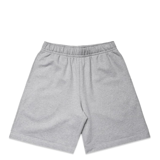 Grey shorts with an elastic waistband and a simple design, featuring a logo.