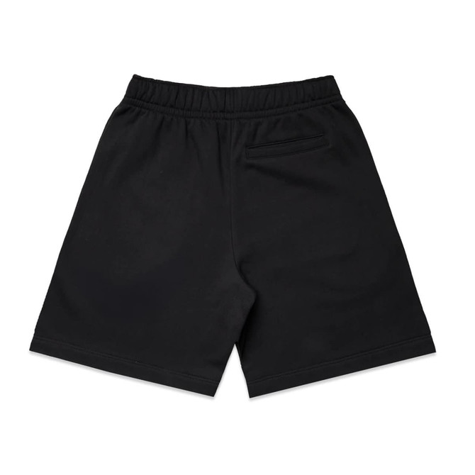 Black shorts with an elastic waistband and a single back pocket. Features a logo on the design.