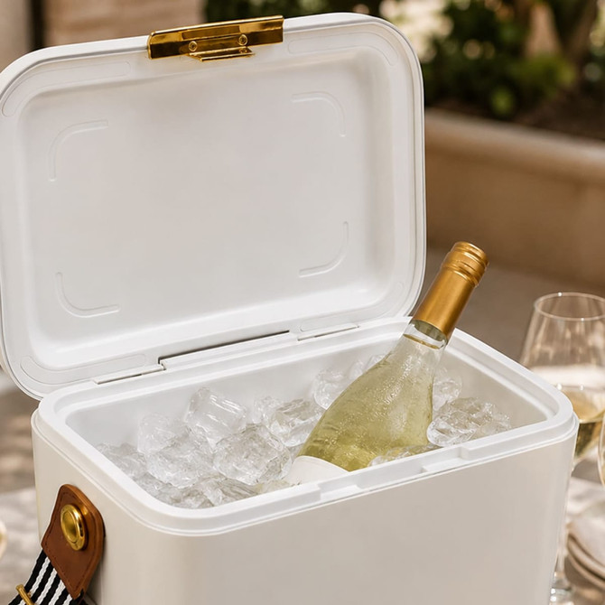 A white cooler filled with ice and a bottle of wine, featuring a gold clasp and a striped handle.