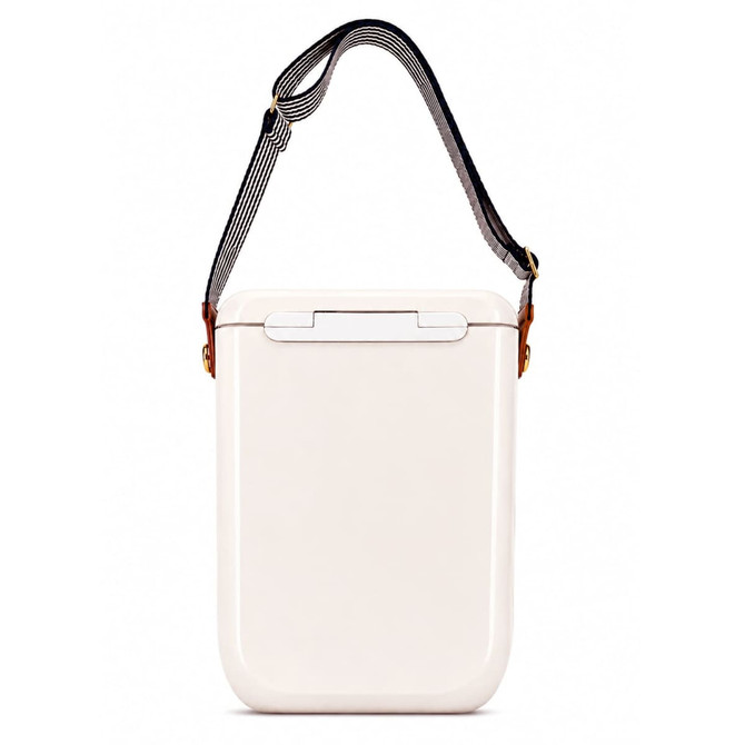 A cooler in cream colour with a black and white striped strap and a simple closure mechanism.