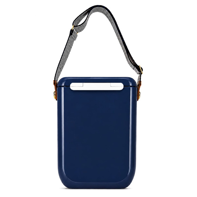 A navy blue cooler with a strap and a white handle, featuring a logo on the front.