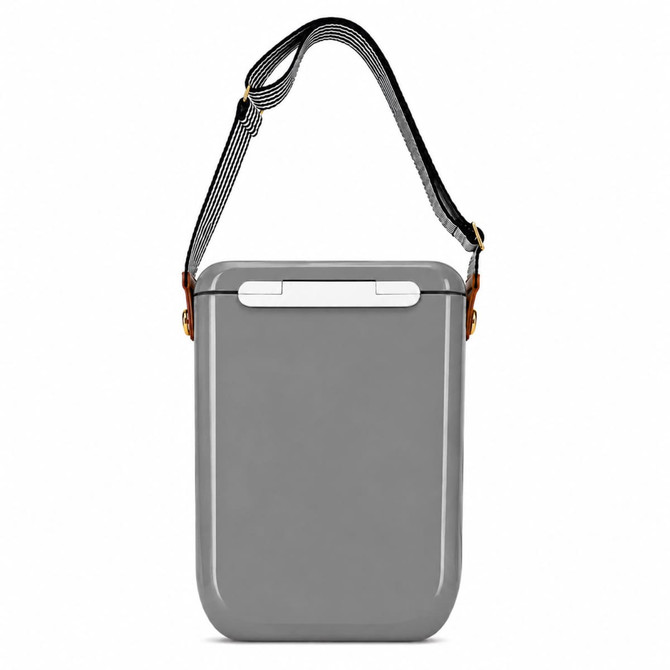 A grey cooler with a strap and a secure lid, featuring a small logo on the front.