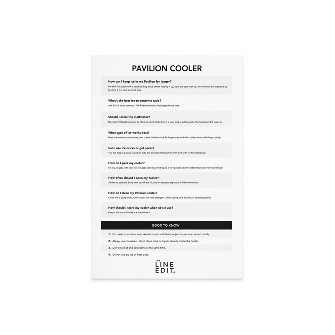 A white promotional sheet with text detailing the features and care instructions for the Pavilion Cooler.