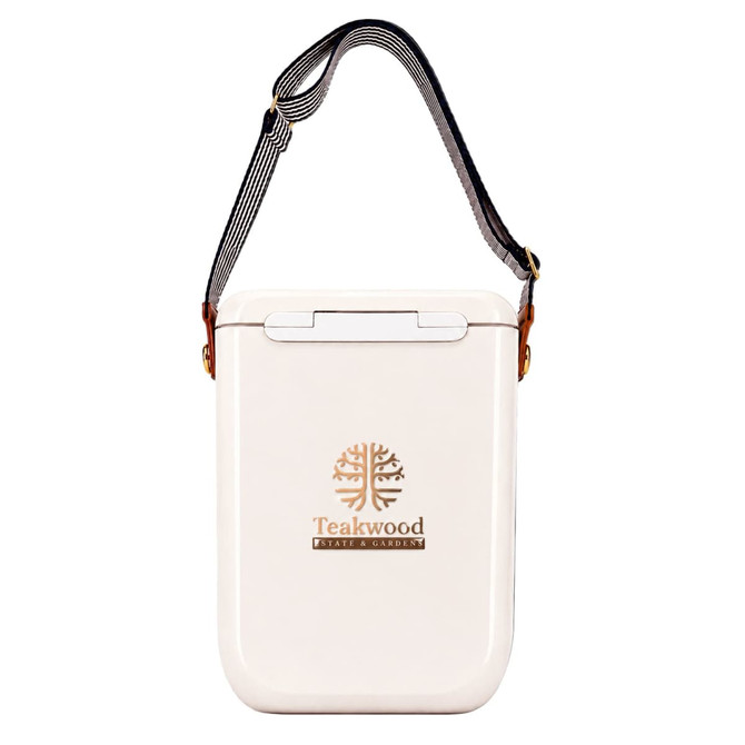 A white cooler bag with a strap and a logo on the front, featuring a simple, modern design.