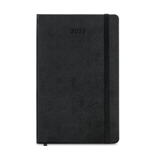 A black weekly planner for 2027 with a textured cover and an elastic band. It features a logo on the front.