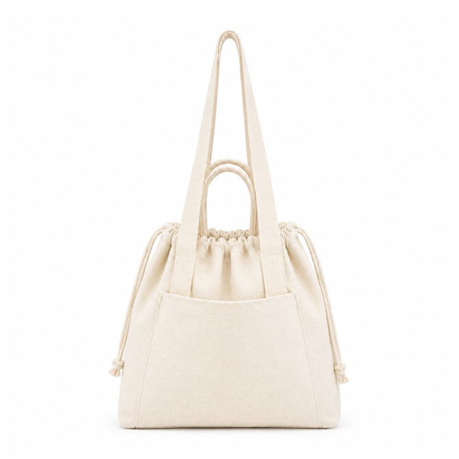 A cream-coloured tote bag with a drawstring closure, featuring long straps and a front pocket.