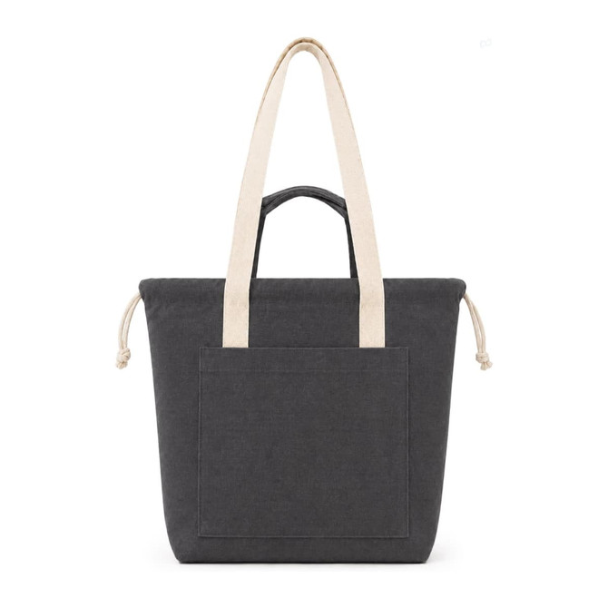 A dark grey tote bag featuring two top handles, a front pocket, and adjustable drawstring closure.