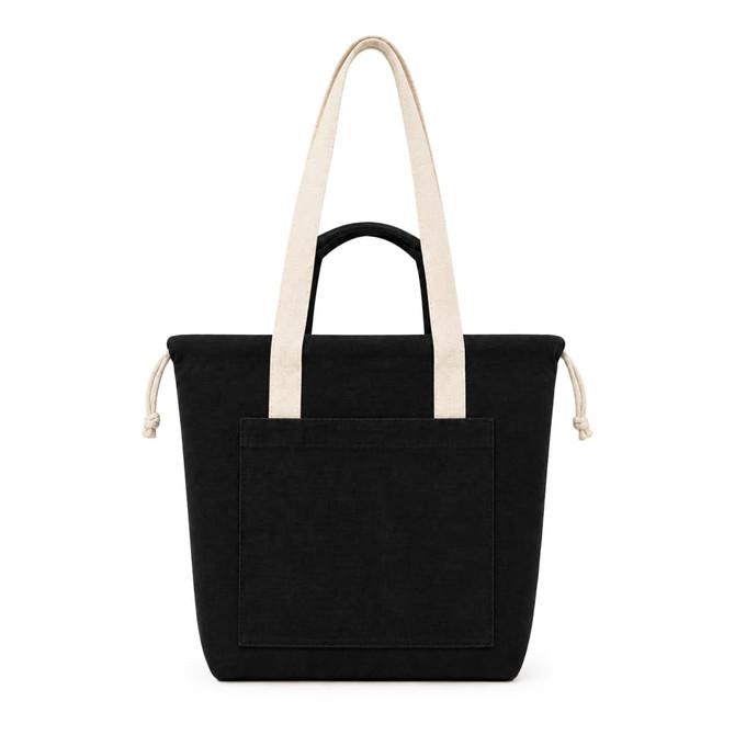 A black tote bag featuring cream straps and a front pocket, designed with a drawstring closure.