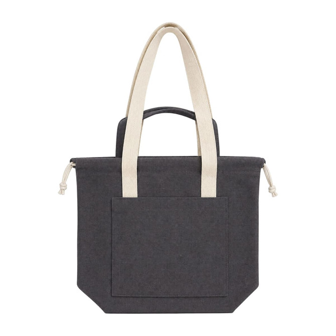 A grey tote bag with light-coloured handles and a front pocket, featuring a logo.