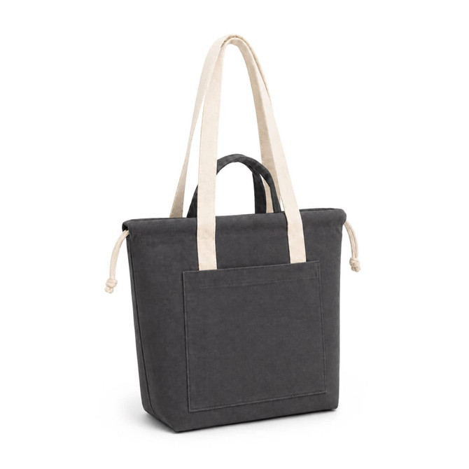 A charcoal tote bag with beige handles and a front pocket, featuring a logo on the side.