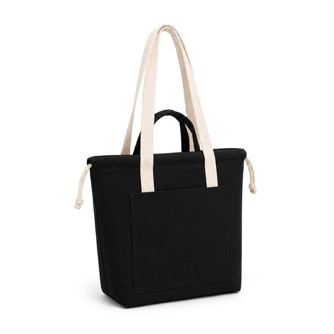 A black tote bag with cream-coloured straps and a front pocket, featuring a drawstring closure.