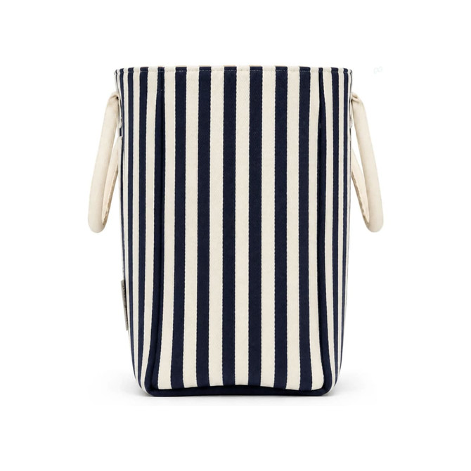 A striped tote bag in navy and cream with two handles and a branding logo on the side.