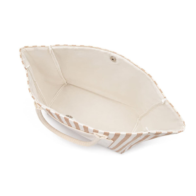A tote bag with a striped beige and white pattern, featuring a spacious interior and sturdy handles.