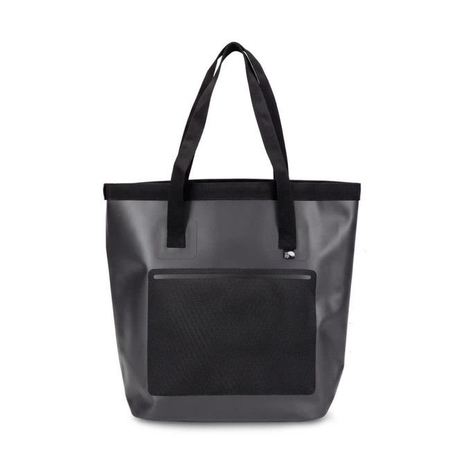 A grey bucket bag with black accents and two sturdy handles; features a mesh pocket on the front.