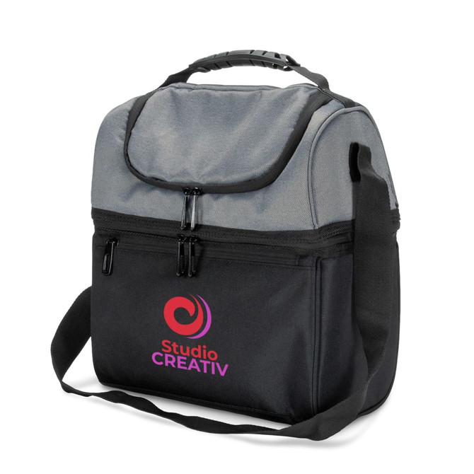A grey and black lunch cooler bag with a shoulder strap, featuring a logo on the front.