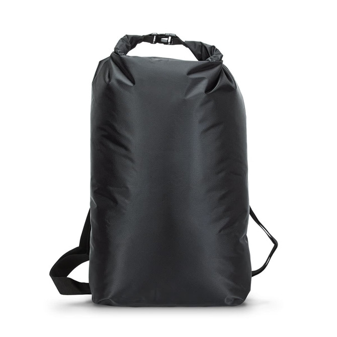 A black 20L dry bag with adjustable shoulder straps and a secure roll-top closure. It features a logo.