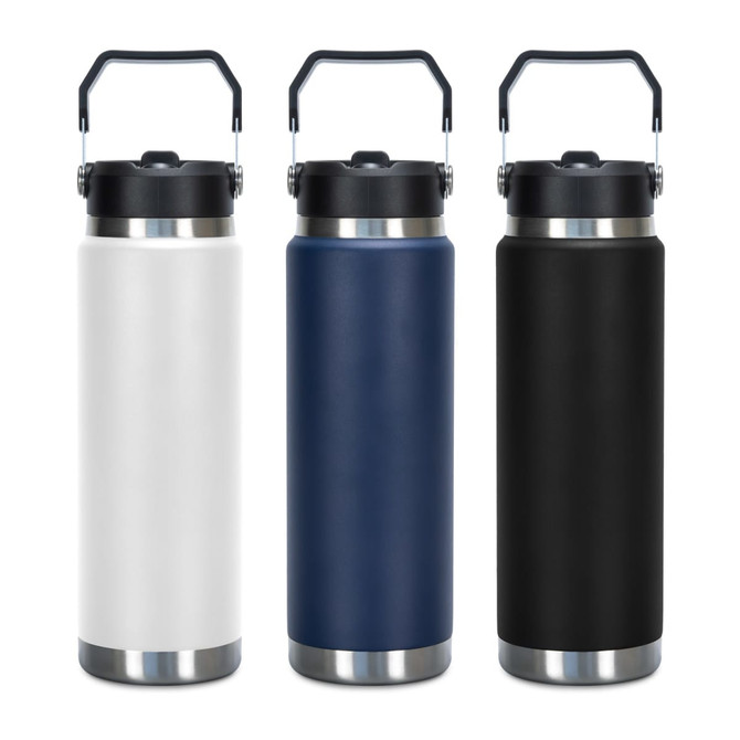 A drink bottle featuring three colours: white, navy blue, and black, with a stainless steel base and a handle.