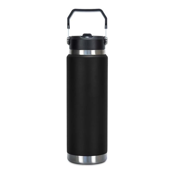 A drink bottle in matte black with a stainless steel base and a handle for easy carrying. Features a logo.