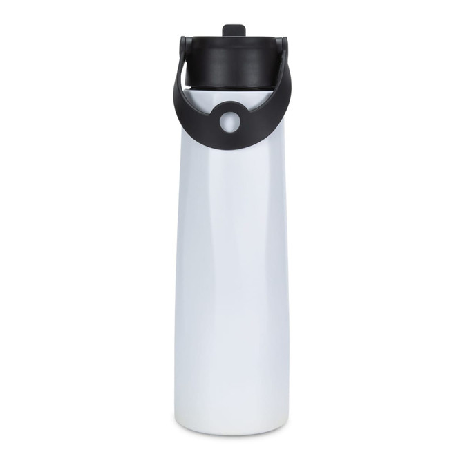 A drink bottle in white with a black lid and handle, featuring a logo on the side.