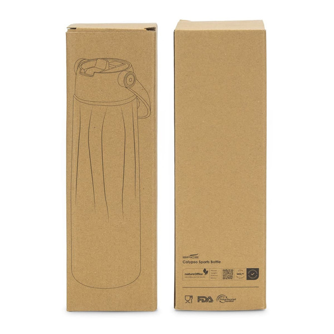 A drink bottle in a cardboard box, featuring a sketch design and a handle. The bottle has a sleek shape and a lid.