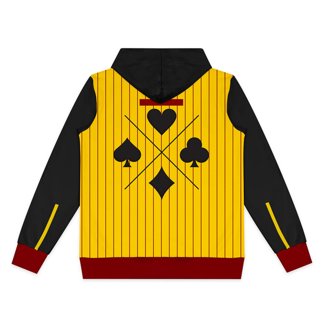 A custom women's active zipped hoodie featuring a striped yellow design with black sleeves and a decorative graphic on the back.