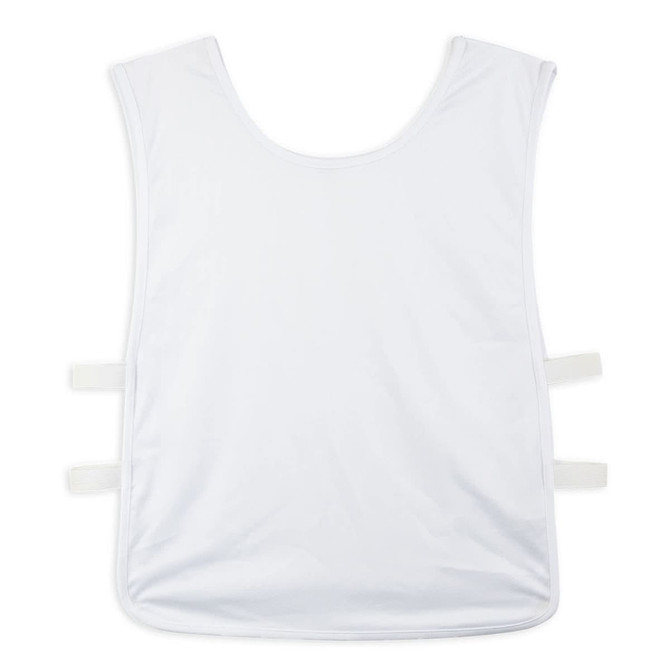 A white unisex bib featuring adjustable straps and a smooth fabric. It has a logo on it.